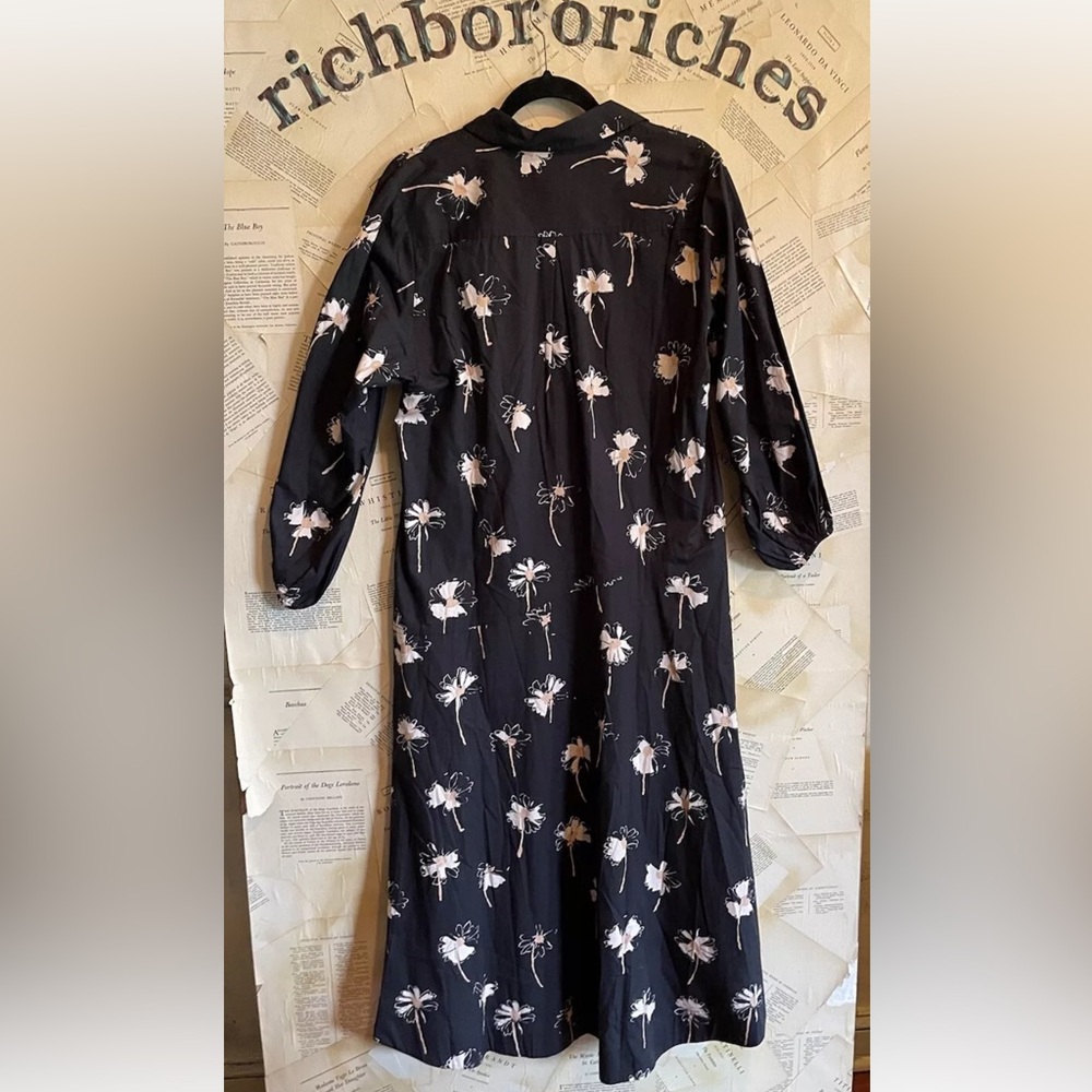 Anthropologie Maeve Button Front Asymmetrical Dress Maxi Daisy Print Black Tan - Picture 7 of 7